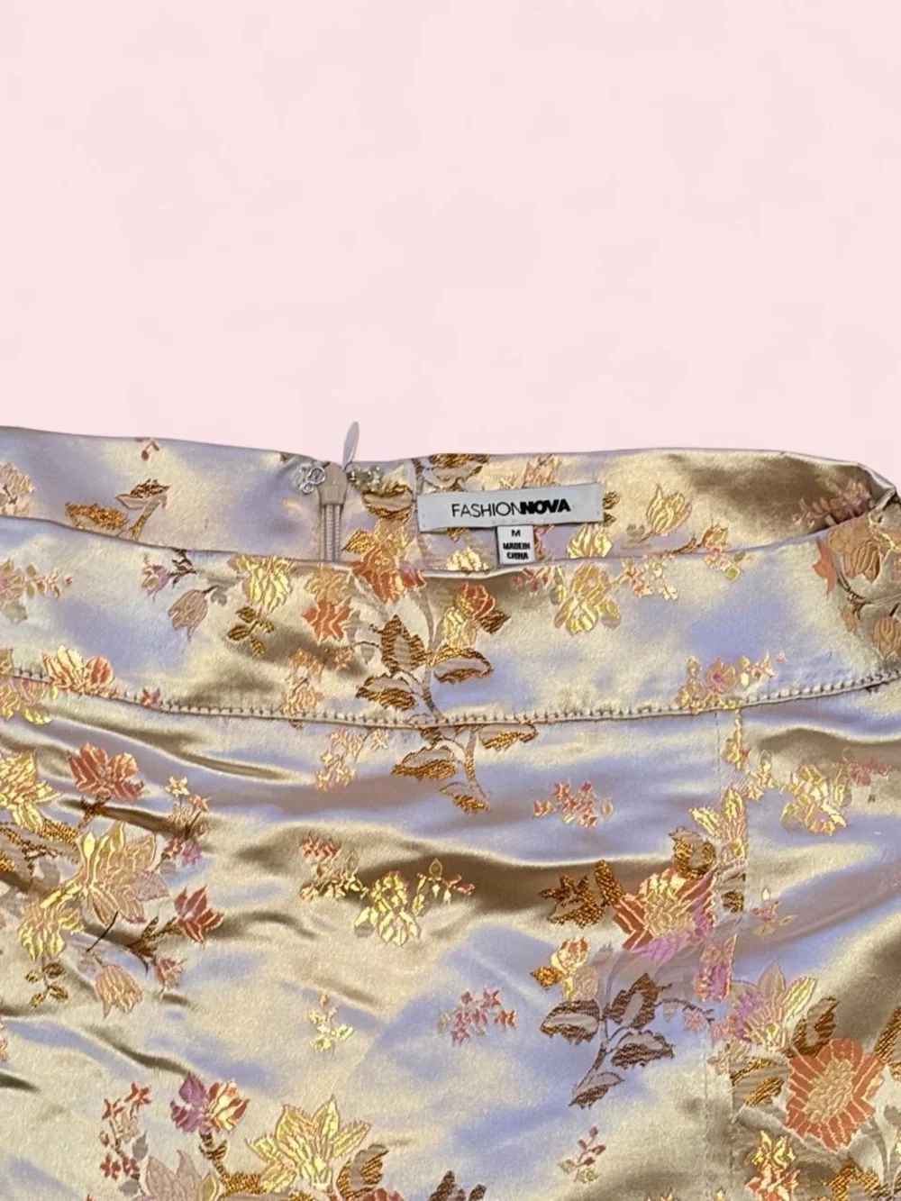 Fashion Nova Pink & Gold Floral Brocade Mini Skirt